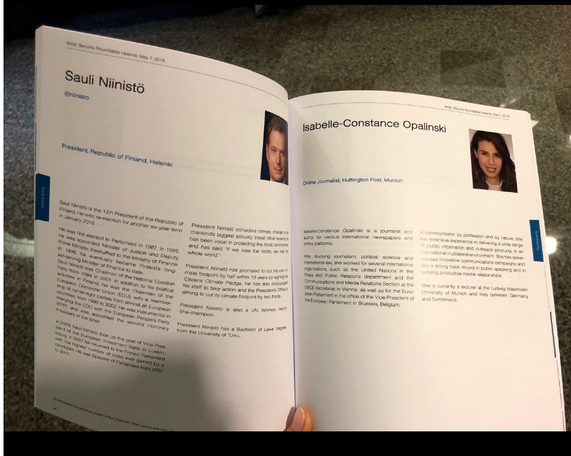 Open Arctic Security Roundtable participant booklet showing Sauli Niinistö and Isabelle-Constance Opalinski